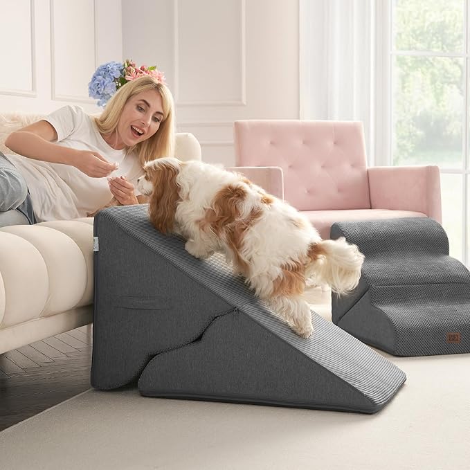 EHEYCIGA Curved Foldable Dog Stairs Ramp for High Beds 19.7" H, 4-Step Dog Steps for Small Dogs and Cats, Pet Stairs for High Bed Climbing, Non-Slip Balanced Pet Step Indoor, Grey-PurrikoPets