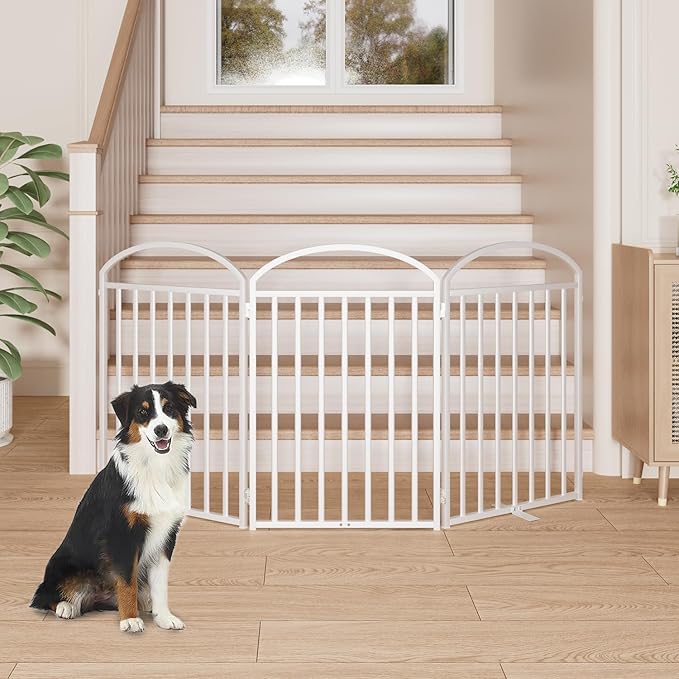 3 Panles Full Matel Freestanding Dog Gates with Door, 72"Extra Wide 32"Tall Free Standing Dog Pet Gate for Indoor & Outdoor. Foldable Pet Fences for Doorways, House, Stairs, Porch, Deck, Yard-PurrikoPets