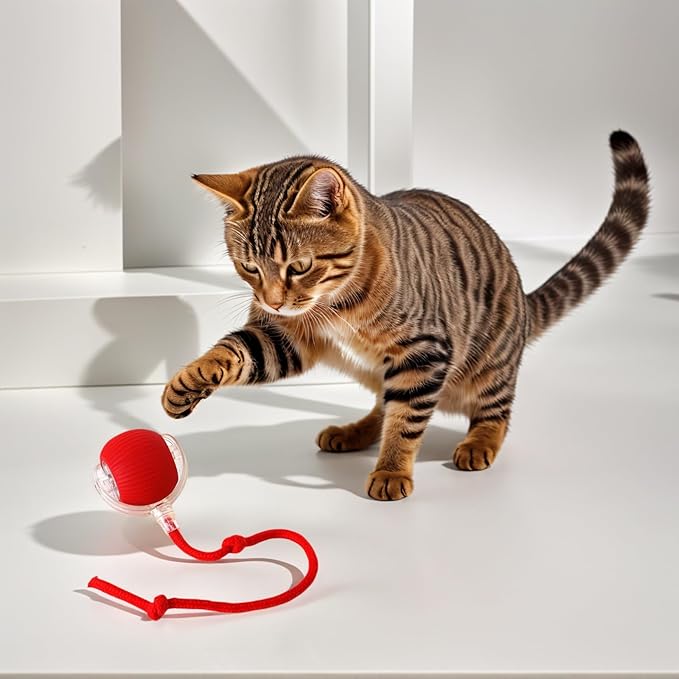 Electric Cat Toy - Automatic Rolling cat Toy with Motion sensors, Designed for Indoor Cats, Suitable for Solo Play (USB Rechargeable) (Red)-PurrikoPets