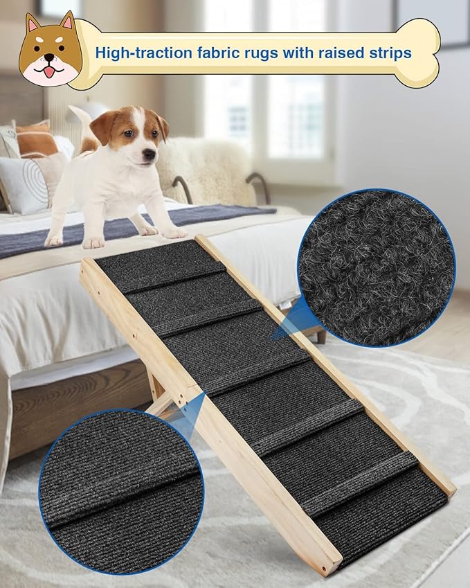 Adjustable Dog Ramp, Wooden Folding Portable Pet Ramp,Rated for 30 LBS, 32.6" Long and Adjustable from 10" to 19" with Non-Slip Traction Mat, Dog Step for Bed, Couch,Car (Grey)-PurrikoPets