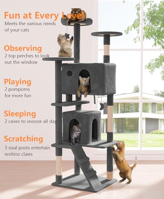 77'' Cat Tree Tower for Indoor Cats Large Adult, Cute/Tall Modern Cat Tree for Big Cats 20 lbs, Plush Multi-Level Cat Condo with Scratching Posts, Dangling Ball (Smoky Gray, 77 inch)-PurrikoPets