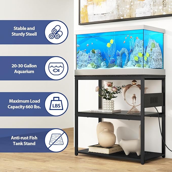 20-29 Gallon Fish Tank Stand with Power Outlets, 3-Tier Metal Aquarium Stand, Breeder Reptile Tank Stand with Shelf for Home Office, 660LBS Capacity, 29.5 x 15.8 x 30.1 inches, Black-PurrikoPets