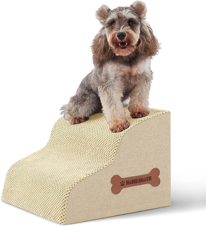 Dog Stairs for Small Dogs and Cats, 2 Steps Pet Stairs to Get on Couch Sofa and Chair, Indoor Non-Slip Balanced Portable Pet Step, High-Density Foam Ramp with Removable Washable Cover, Beige（11.8" H）-PurrikoPets