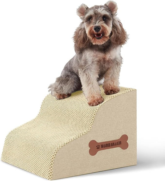 Dog Stairs for Small Dogs and Cats, 2 Steps Pet Stairs to Get on Couch Sofa and Chair, Indoor Non-Slip Balanced Portable Pet Step, High-Density Foam Ramp with Removable Washable Cover, Beige（11.8" H）-PurrikoPets