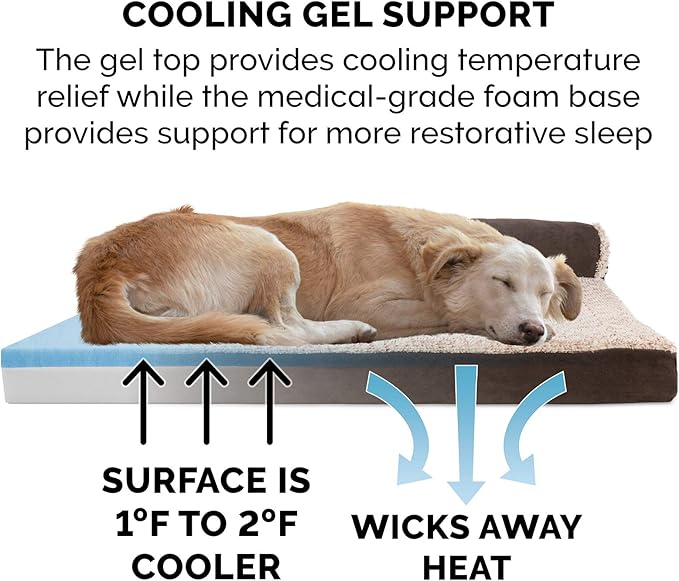 Furhaven Cooling Gel Dog Bed for Large Dogs w/ Removable Bolsters & Washable Cover, For Dogs Up to 125 lbs - Two-Tone Plush Faux Fur & Suede L Shaped Chaise - Espresso, Jumbo Plus/XXL-PurrikoPets
