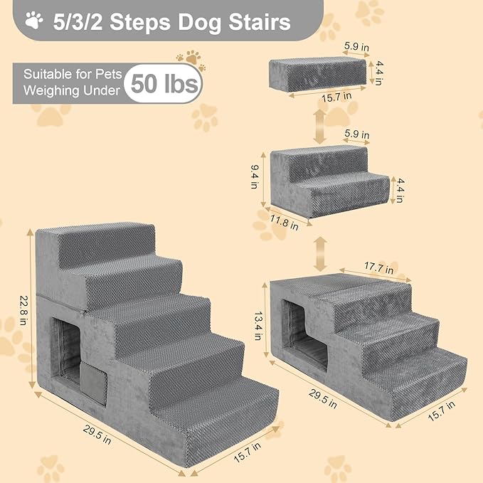 Dog Stairs for Small Dogs 23” H, 5-Step Dog Steps for High Bed, High-Density Foam Pet Stairs with Non-Slip Removable Washable Cover to Get on Bed-PurrikoPets