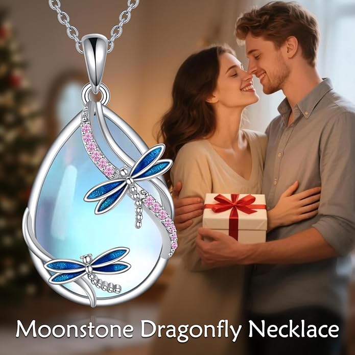KQF Dragonfly/Butterlfy/Cat/Jellyfish/Bunny/Axolotl/Bee/Mermaid/Hummingbird/Elephant Necklace for Women Sterling Silver Moonstone Pendant Necklace Dragonfly Jewelry Gifts for Women