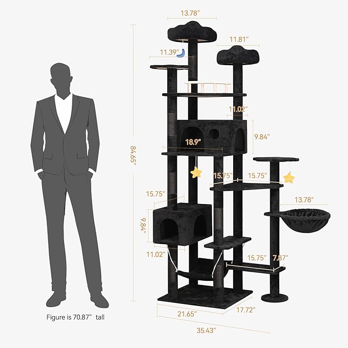 85inch Giant Cat Tree for Heavy Duty Big Cats, Multi-Level Luxury Cat Tower with Scratching Post, Cat Condo with Hammocks & Plush Perches for Indoor Cats Large Adult, Black-PurrikoPets