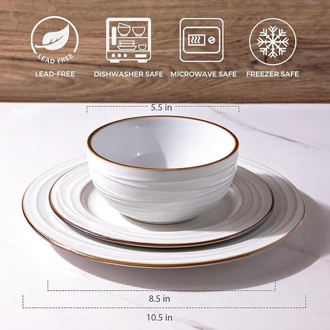 GBHOME Ceramic Dinnerware Sets, 24 pcs Embossed Elegant Stoneware Plates and Bowls Sets, Housewarming Wedding Gift | Dishwasher & Microwave Safe | Dishes Set Service for 8-PurrikoPets