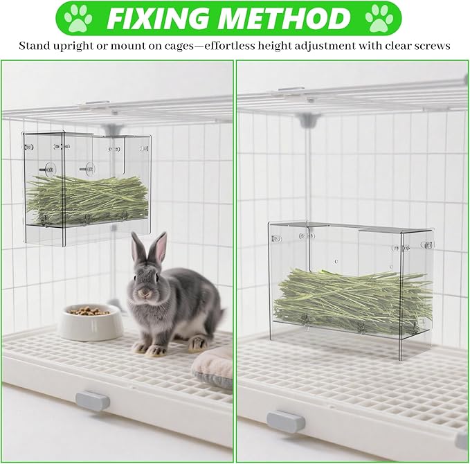 Acrylic Rabbit Hay Feeder with Lid, Transparent Hanging Food Dispenser Hay Feeder for Bunny Rabbits Guinea Pig Cage Chinchillas Hamsters Small Pets and Animals（Medium-PurrikoPets