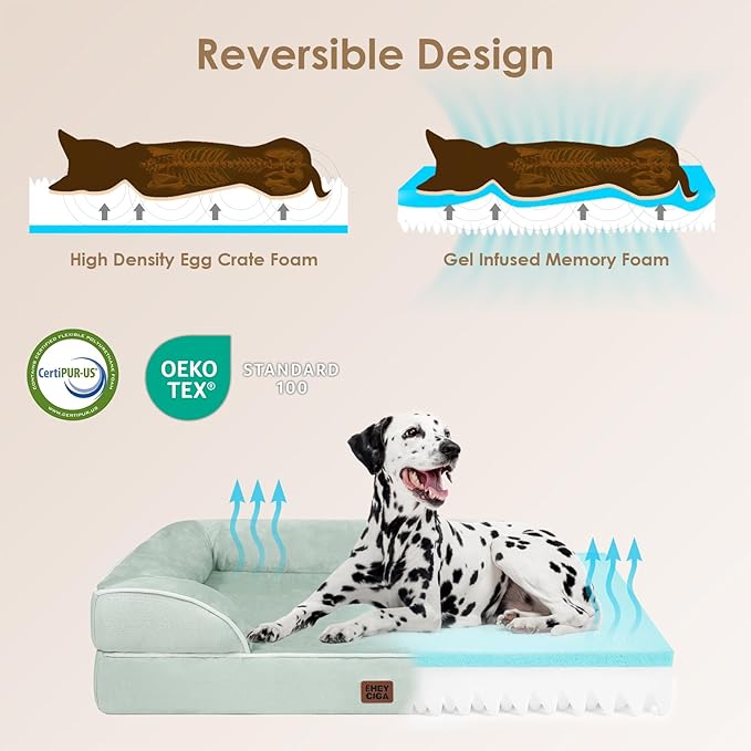 EHEYCIGA Orthopedic Dog Beds for Extra Large Dogs, Waterproof Memory Foam XXL Dog Bed with Sides, Non-Slip Bottom and Egg-Crate Foam Big Pet Couch Bed with Washable Removable Cover, Sage Green-PurrikoPets