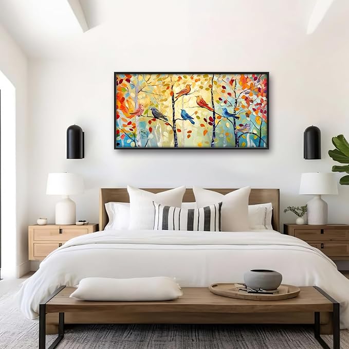 Extra Large Framed Abstract Bird Forest Wall Art,Colorful Birds Birch Tree Wall Decor Pictures for Living Room,Canvas Print Painting Modern Artwork Bedroom Office Bathroom Home Decor 60L x 30W-PurrikoPets