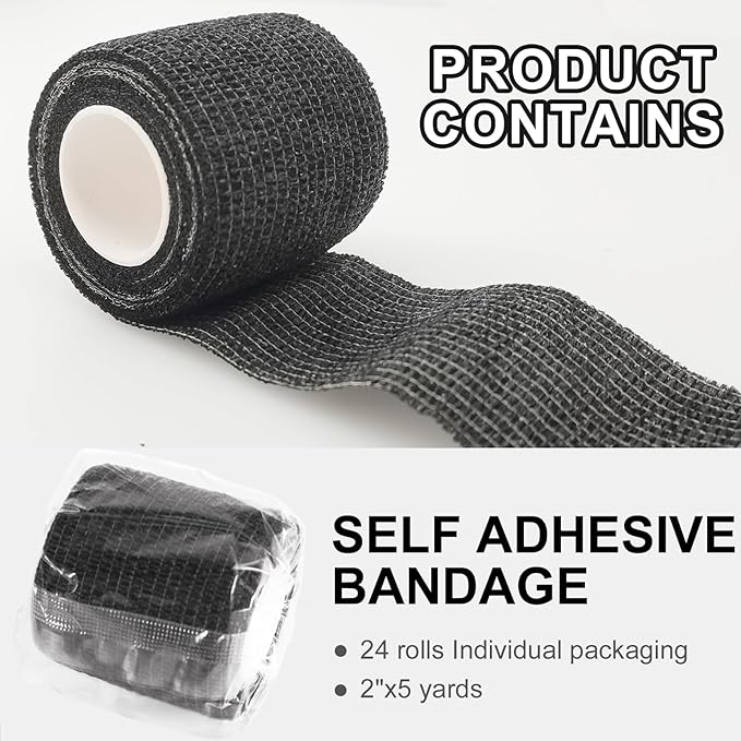 24 Pack Self Adhesive Bandage Wrap, 2” x 5 Yards Elastic Cohesive Bandage Wrap Black Athletic Tape Grip Tape for Ankle, Wrist Sprains, Sports Injuries & Pet First Aid | Medical Sports Tape-PurrikoPets