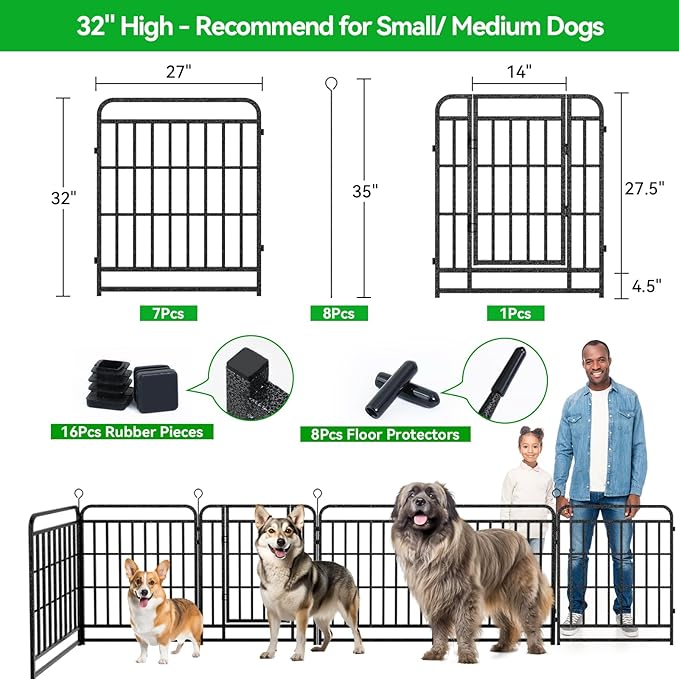 Dog Playpen Outdoor 8 Panels Heavy Duty Dog Fence 32" Height with Thick Pipe Anti-Rust with Doors Portable for RV Camping Yard, Total 18FT, 25 Sq.ft, Snowy Black-PurrikoPets