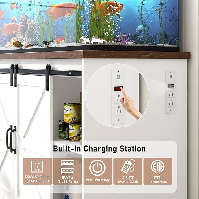 Farmhouse 55-75 Gallon Fish Tank Stand with Power Outlet, Aquarium Stand with Cabinet&Sliding Barn Door, Heavy Duty Reptile Tank Stand for 2 Fish Tank/Turtle Tank/Reptile Terrarium, White-PurrikoPets