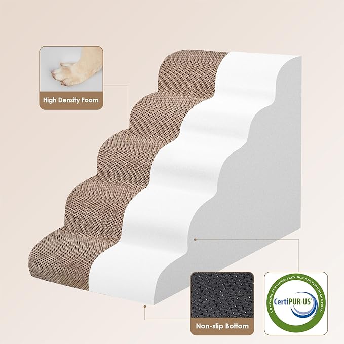 EHEYCIGA Curved Dog Stairs Ramp for High Beds, 5-Step Extra Wide Dog Steps for Small Dogs and Cats, Pet Stairs for High Bed Climbing, Non-Slip Balanced Pet Step Indoor, Camel-PurrikoPets