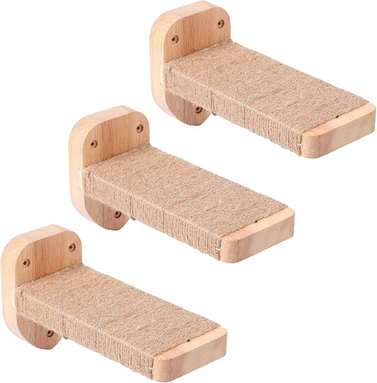 3pcs Cat Wall Steps, Climbing Mounted Furniture, Shelves With Hemp Rope Covered, Solid Wood Ladder for Playing and Climbing (Standard-Wood)-PurrikoPets