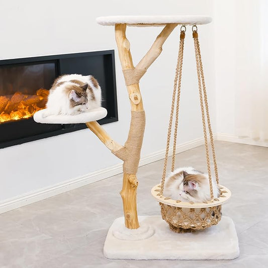 50" Tall Cat Tree Tower, Modern Cat Tree for Indoor Cats, Washable Wooden Perchs and Climbers for Large Cats, Cute Cat Furniture with Unique Cat Swing-PurrikoPets