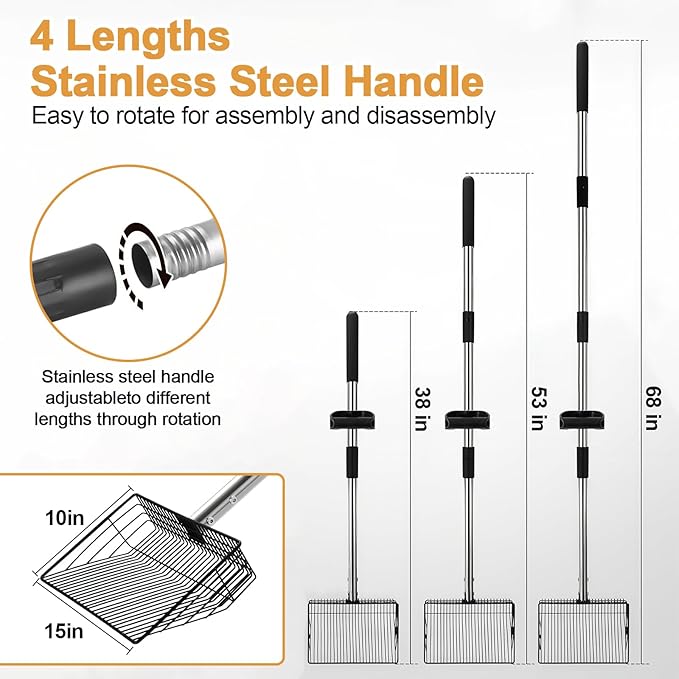 15" Chicken Poop Scooper & Rake, Metal Chicken Coop Scoop for Poop with 24 to 68" Adjustable Stainless Steel Handle, Litter Scooper Sifting Shovel Chicken Coop Accessories-PurrikoPets