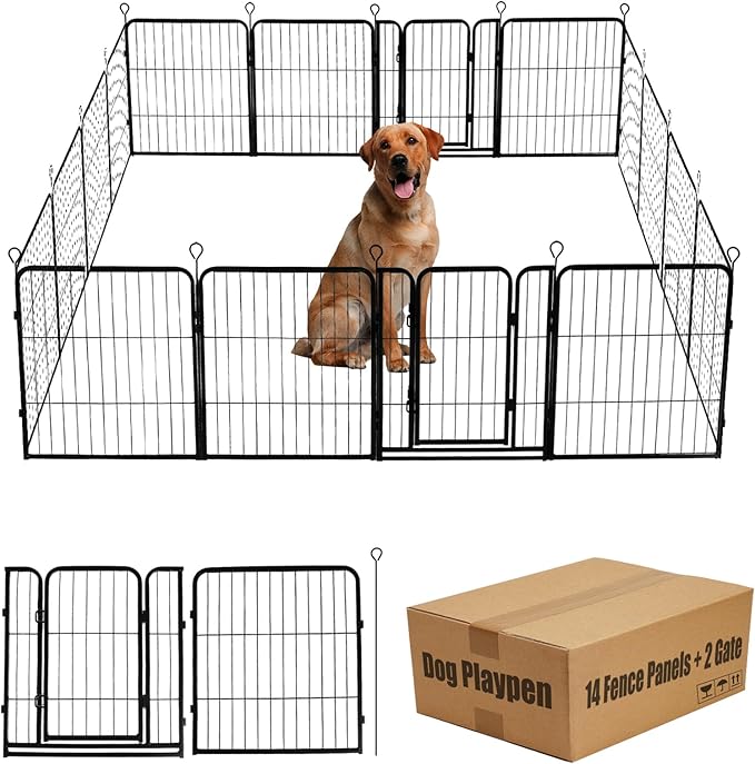 Dog Playpen,24 32 40 48 in(H) Pet Fence Outdoor for Rv Camping,Garden Fence Small Animal Barrie for Yard,11Ft(L)-56Ft(L) Black Metal Temporary Fencing-PurrikoPets
