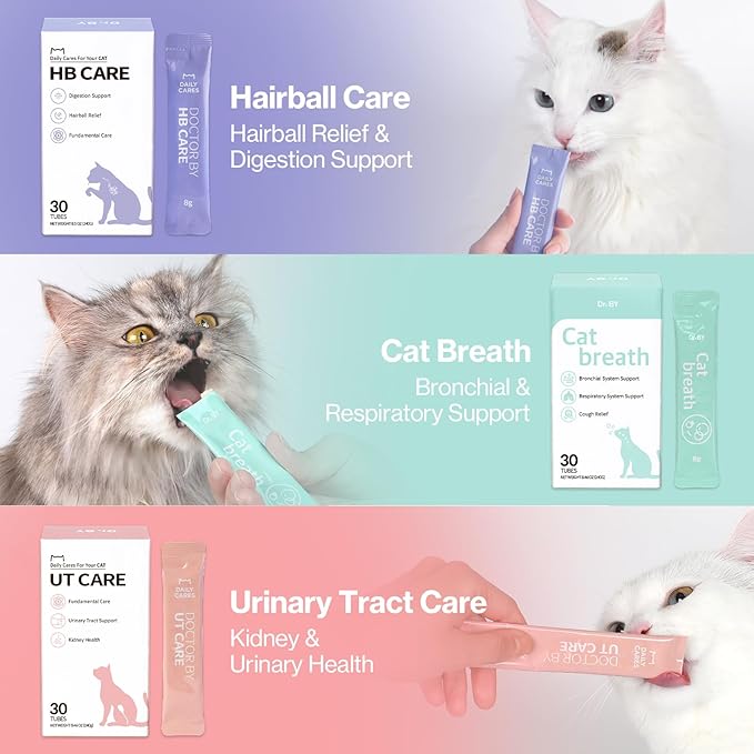Dr.by HB Care Hairball Supplement for Cats– Hairball Relief Furball Control Remedy & Digestive Support Supplements with Omega-3, Chitosan-30 Individuallly Packaged (1 Pack, 30 Count)-PurrikoPets