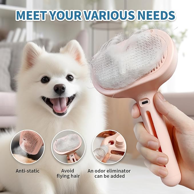 3-in-1 Self-Cleaning Steam Brush - Anti-Static, for Grooming Long & Short Pet Hair, Reduces Shedding, Pink-PurrikoPets