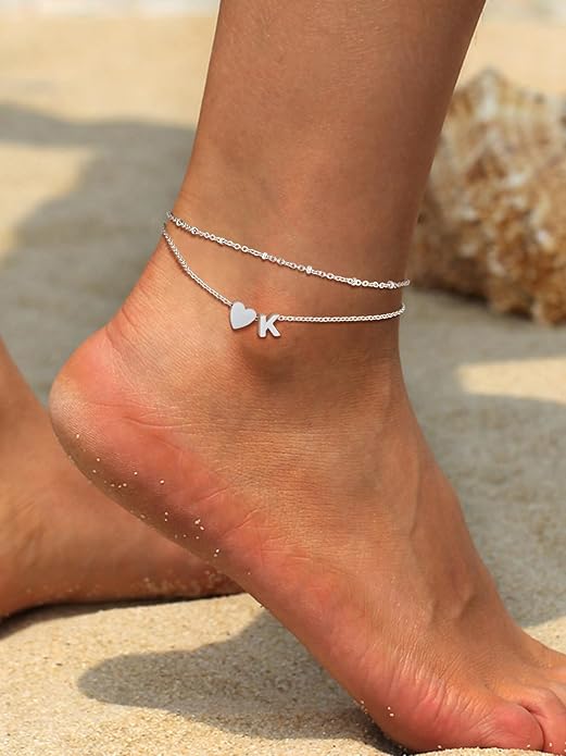 Suplight Stainless Steel Initial Ankle Bracelets for Women Layered Dainty Heart Anklet Beaded Anklets for Women Waterproof Plus Size Ankle Foot Chain Summer Essentials Jewelry(with Gift Box)