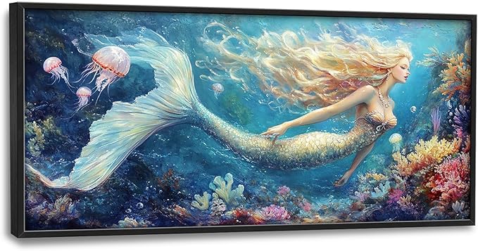 Extra Large Framed Mermaid Wall Art,Oversized Undersea Ocean Wall Decor,Colorful Coral Reefs Pictures for Living Room,Elegant Canvas Print Painting Modern Artwork Bedroom Bathroom 60L x 30W-PurrikoPets