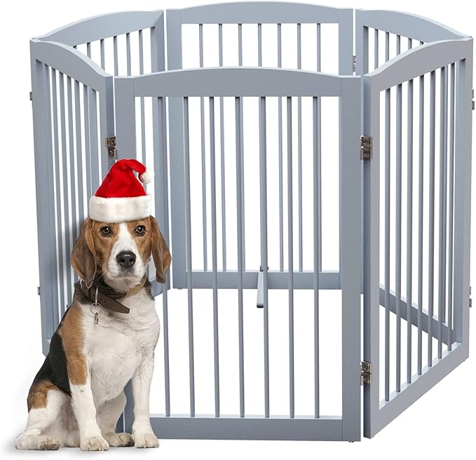 Freestanding Pet Gate for Dogs, Indoor Wooden Foldable Dog Gate for House, Extra Wide, Pet Fence for Stairs, Doorways, Halls, Support Feet Included, 120 Inch Wide, 6 Panels 32",Grey-PurrikoPets