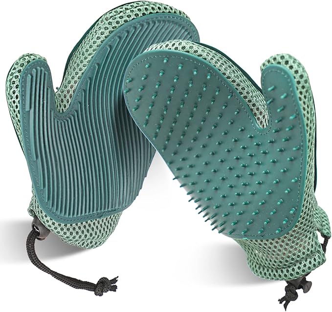 2 in 1 Pet Fur Glove & Cat Hair Remover Glove, Dog Grooming Glove Brush for Shedding, Massage, Efficient Pet Hair Remover Mitt for Uproot Cleaner Clothes, Couch, Carpet [Blue/Pair]-PurrikoPets