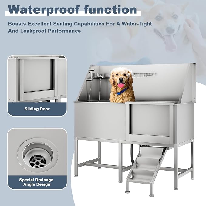62" Professional Stainless Steel Dog Bathing Station, Large Dog Washing Station W/Dog Bath Brush, Washing Gloves, Floor Grate, Dog and Cat Bath Tub, Dog Washing Sink (62 Inch Left Door)-PurrikoPets