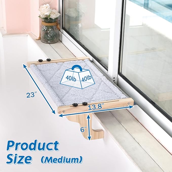 Easy Seat Cat Perch for Window Sill - Hammock Design w/Pine Wood & Robust Metal Frame - Cat Window Seat for Large Cats and Kittens (Natural Color Wood w/Gray Bed, Medium (23''W x 14''D))-PurrikoPets