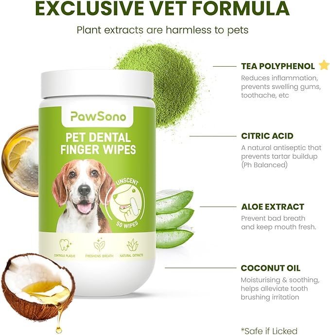 Dog Teeth Cleaning Wipes, Fresh Breath Pet Dental Finger Wipes for Dogs & Cats, Dog Dental Wipes Teeth Wipes, Lick-Safe Pet Toothbrus for Easy Removal of Tartar Buildup, Unscented, 50 PCS-PurrikoPets