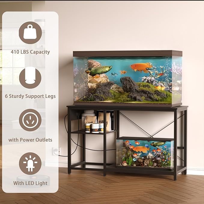 20-29 Gallon Fish Tank Stand with Power Outlet & LED Light, Metal Aquarium Stand with 3 Tier Adjustable Storage Shelves, Tank Stand for Reptile Tank, Turtle Tank, 30.7" L*13.8" W, Black-PurrikoPets