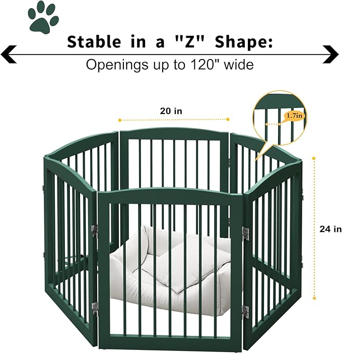 Freestanding Pet Gate for Dogs, Foldable Wooden Dog Gate for House, Extra Wide Indoor Pet Barrier for Stair, Doorway, Hall, Support Feet Included, 120 Inch Wide, 6 Panels 24",Green-PurrikoPets