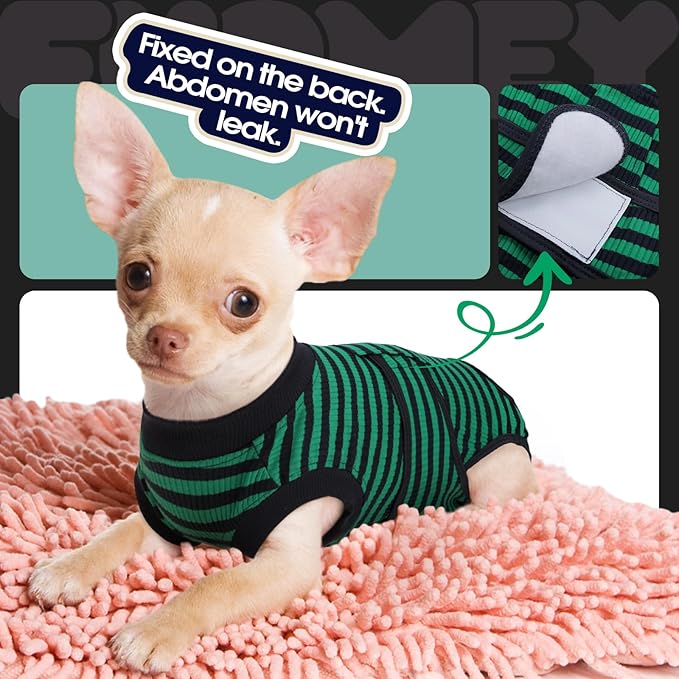 FUAMEY Recovery Suit for Dogs After Surgery,Soft Breathable Dog Bodysuit E-Collar & Cone Alternative Surgical Suit,Male Female Dog Neuter Spay Suits Anti Licking Wounds Onesie Green Black Stripes XS-PurrikoPets