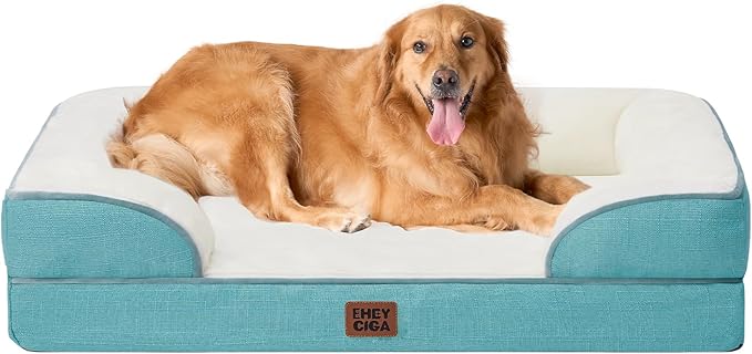 EHEYCIGA Orthopedic Dog Beds for Extra Large Dogs, Waterproof Memory Foam XL Pet Bed with Sides, Non-Slip Bottom and Egg-Crate Foam Big Dog Couch Bed with Washable Removable Cover, Turquoise Blue-PurrikoPets