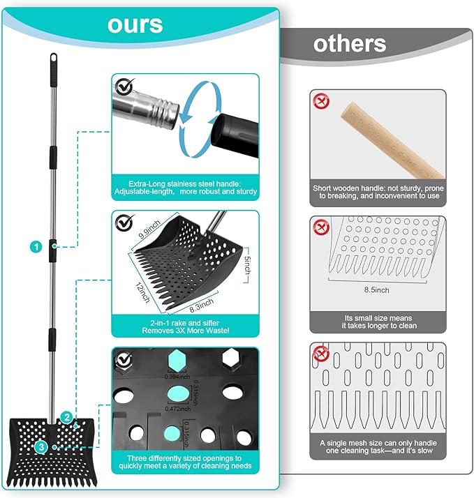12-Inch 2-in-1 Chicken Poop Scooper & Rake – US Patent Pending – 3-Shape Sifting Holes Chicken Coop Rake，Stainless Steel Handle （20–61"）– Litter Scoop Sand & Sifting Shovel for Chicken Coops (Black)-PurrikoPets