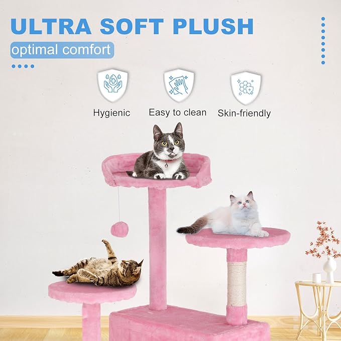 FDW Cat Tree 54in Cat Tower Multi-Level Durable Cat Scratching Post & Cozy Fun Cat Jumping Platform Space Saving Cat Condo Pet Play House for Indoor Cats,Pink-PurrikoPets