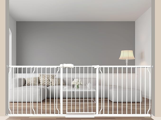 Extra Wide Baby Gate 85.8-90.5 Inch, Pressure Mounted No Drilling, for Stairs & Doorways, Metal White Indoor Safety Gate for Kids and Dogs-PurrikoPets