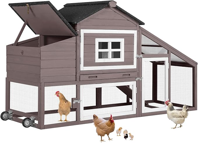 Aivituvin Chicken Coop Outdoor with Wheels, Mobile Hen House Wooden Poultry Cage with Run & Waterproof Roof (Grey with White)-PurrikoPets