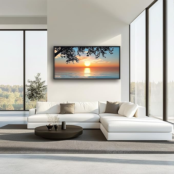 Framed Large Lake Sunset Wall Art, Oversized Natural Landscape Wall Decor for Living Room, Tree Leaves Canvas Painting Pictures Home Decoration for Living Room Bedroom Office 60"x30"-PurrikoPets