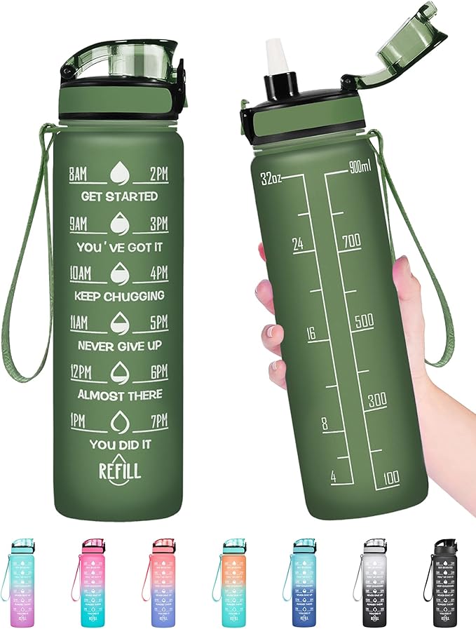 Enerbone Water Bottle, Leakproof BPA & Toxic Free, Motivational Water Bottle with Times to Drink and Straw, Fitness Sports Water Bottle with Strap for Office, Gym, Outdoor Sports-PurrikoPets
