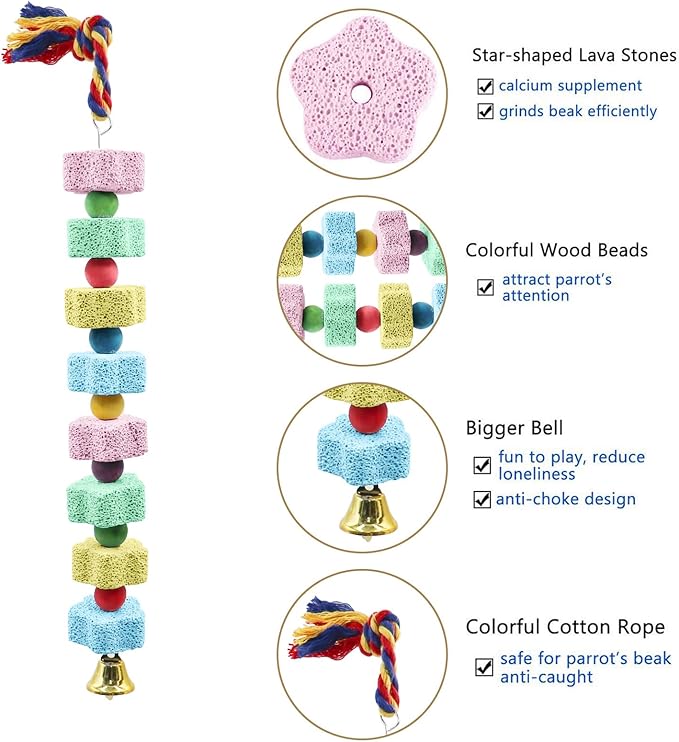 2 Pack Mineral Block Chew Toys with Colorful Beads and a Bell, Bird Beak Grinding Stone, Cage Accessories for African Grey, Budgies, Cockatiels, Small to Medium Birds-PurrikoPets