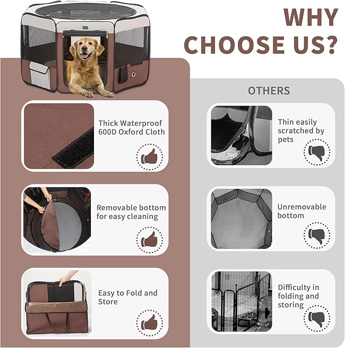DONORO Dog Playpen 46" Portable Pet Play Pens for Small Medium Dogs, Foldable Exercise Kennel Tent Crate Indoor/Outdoor Travel Camping, Removable Top/Bottom (Brown, Large (46"x46"x23"), 8)-PurrikoPets