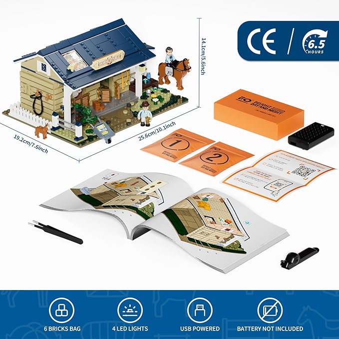 FUNWHOLE Farm Horse-Stable Lighting-Building-Bricks Set - Farm Life Horse Animals Cabin Collection LED Light Cottage Model Display Set 973 Pcs for Adults and Teen-PurrikoPets