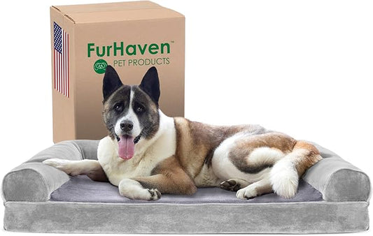 Furhaven Cooling Gel Dog Bed for Large Dogs w/ Removable Bolsters & Washable Cover, For Dogs Up to 95 lbs - Faux Fur & Velvet Sofa - Smoke Gray, Jumbo/XL-PurrikoPets