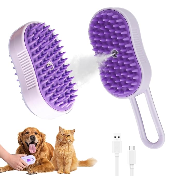 4 in 1 Cat Steam Brush for Shedding, Rechargeable Pet Steam Groomer Brush, Massage, Cleaning, Shedding & Combing Multifunctional Hair Removal Comb for Cats Dogs (Purple)-PurrikoPets