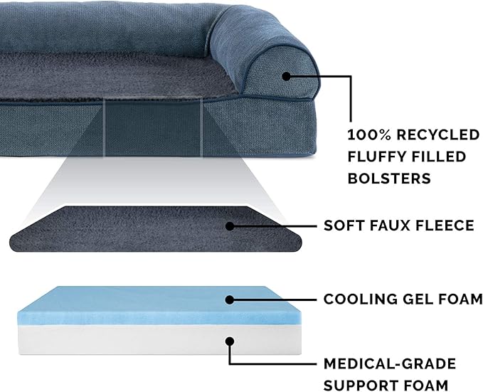 Furhaven Cooling Gel Dog Bed for Large Dogs w/ Removable Bolsters & Washable Cover, For Dogs Up to 125 lbs - Sherpa & Chenille Sofa - Orion Blue, Jumbo Plus/XXL-PurrikoPets