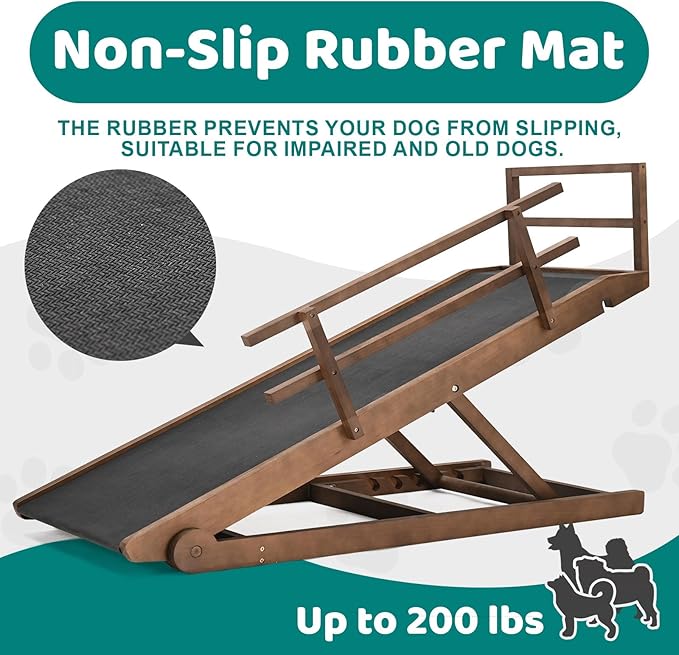 Dog Ramp for Bed, Adjustable Pet Ramps for Dog to Get on Bed, Non-Slip Rubber Surface - Folding Wooden Dog Ramp for Small/Large/Old Dogs, Adjustable up to 23.5 inch High Beds, Safety Railings-PurrikoPets
